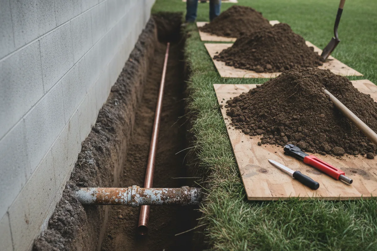 Excavated water line trench during Water Softener Installation in Cecil
